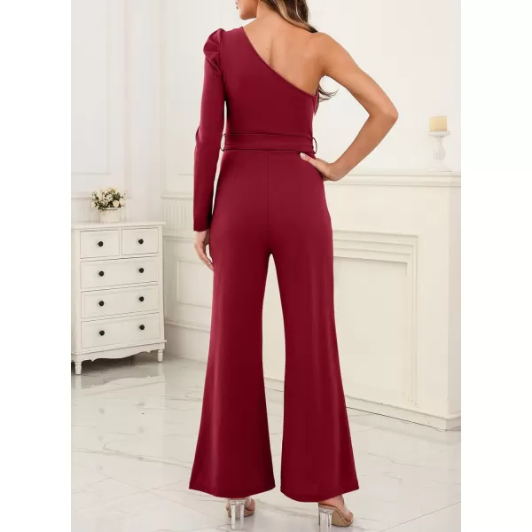 Happy Sailed Womens Dressy Jumpsuits Fall Fashion Trends One Shoulder Puff Sleeve Waist Belted Wide Leg Pant Romper Jumpsuit