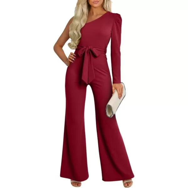 Happy Sailed Womens Dressy Jumpsuits Fall Fashion Trends One Shoulder Puff Sleeve Waist Belted Wide Leg Pant Romper Jumpsuit