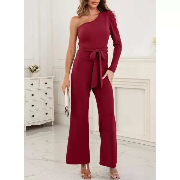Happy Sailed Womens Dressy Jumpsuits Fall Fashion Trends One Shoulder Puff Sleeve Waist Belted Wide Leg Pant Romper Jumpsuit