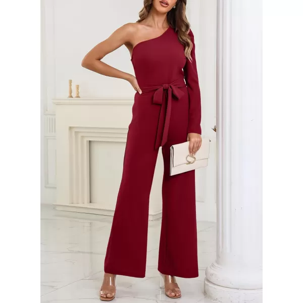 Happy Sailed Womens Dressy Jumpsuits Fall Fashion Trends One Shoulder Puff Sleeve Waist Belted Wide Leg Pant Romper Jumpsuit