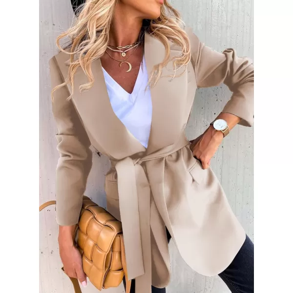 Happy Sailed Womens Fashion Belted Blazer Open Front Long Sleeve Office Blazer Bussiness Casual Jackets Work Suit with Pocket