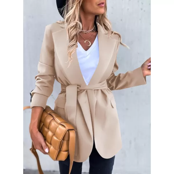 Happy Sailed Womens Fashion Belted Blazer Open Front Long Sleeve Office Blazer Bussiness Casual Jackets Work Suit with Pocket