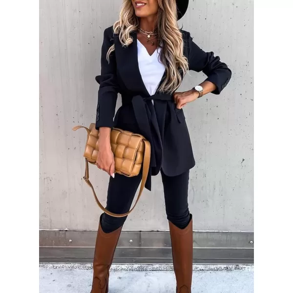 Happy Sailed Womens Fashion Belted Blazer Open Front Long Sleeve Office Blazer Bussiness Casual Jackets Work Suit with Pocket