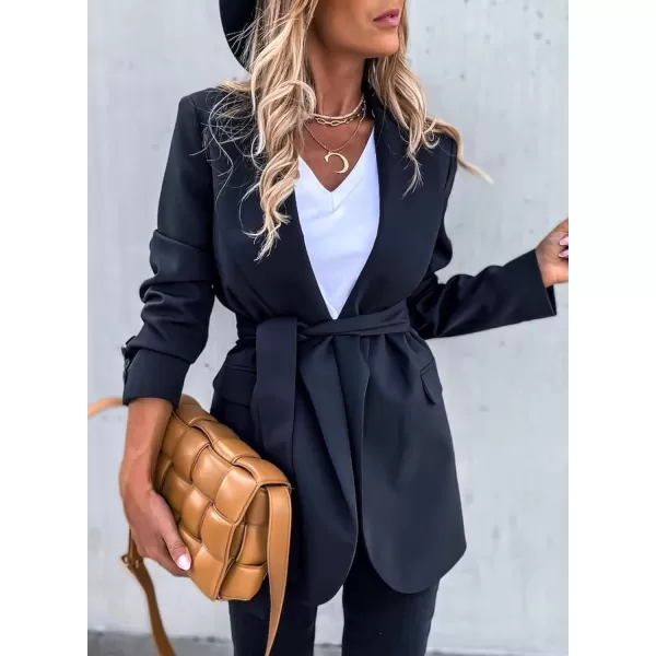Happy Sailed Womens Fashion Belted Blazer Open Front Long Sleeve Office Blazer Bussiness Casual Jackets Work Suit with Pocket