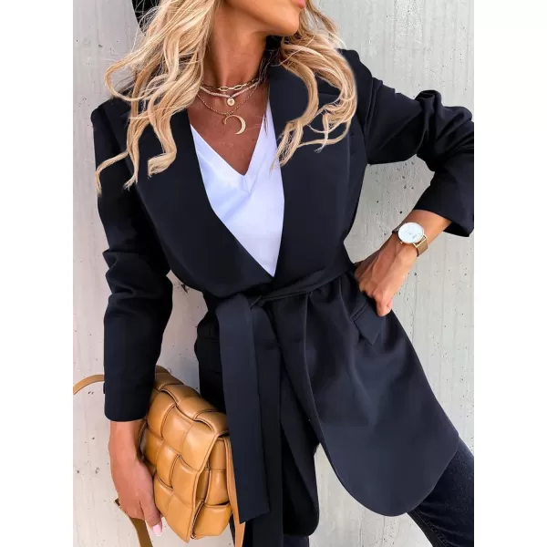 Happy Sailed Womens Fashion Belted Blazer Open Front Long Sleeve Office Blazer Bussiness Casual Jackets Work Suit with Pocket
