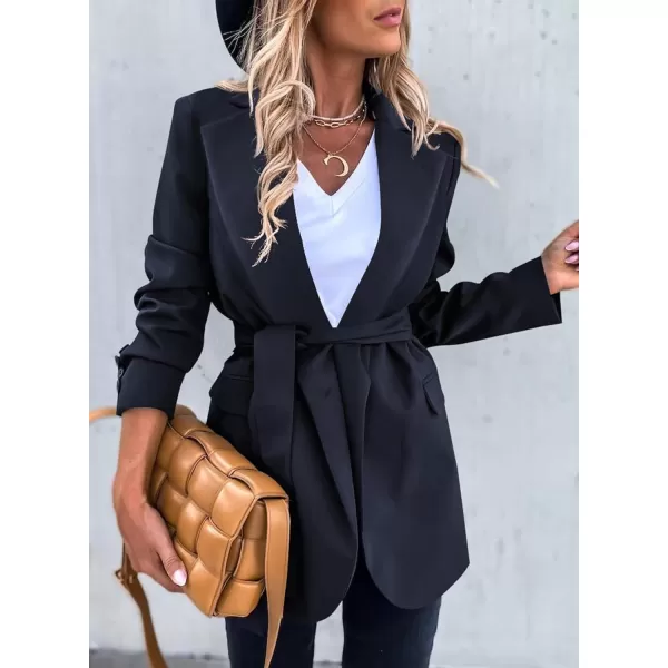 Happy Sailed Womens Fashion Belted Blazer Open Front Long Sleeve Office Blazer Bussiness Casual Jackets Work Suit with Pocket