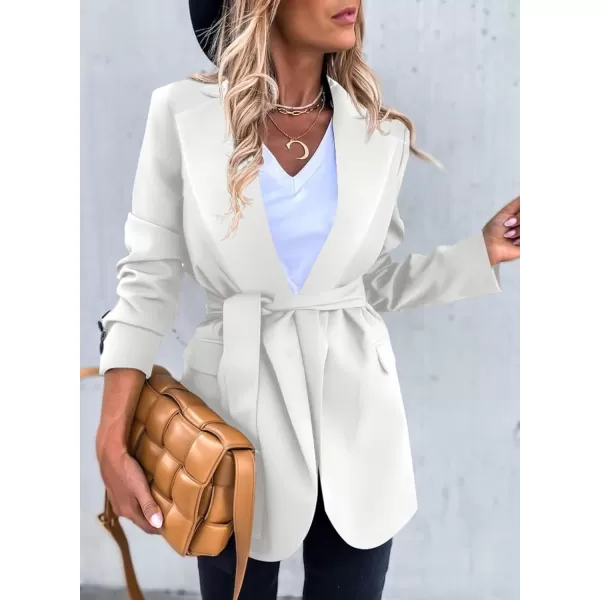 Happy Sailed Womens Fashion Belted Blazer Open Front Long Sleeve Office Blazer Bussiness Casual Jackets Work Suit with Pocket