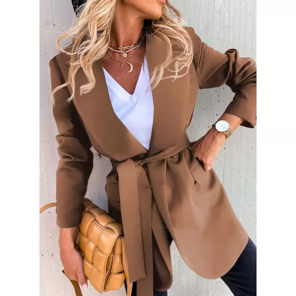 Happy Sailed Womens Fashion Belted Blazer Open Front Long Sleeve Office Blazer Bussiness Casual Jackets Work Suit with Pocket