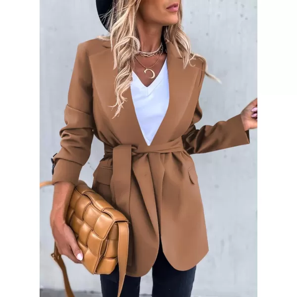 Happy Sailed Womens Fashion Belted Blazer Open Front Long Sleeve Office Blazer Bussiness Casual Jackets Work Suit with Pocket