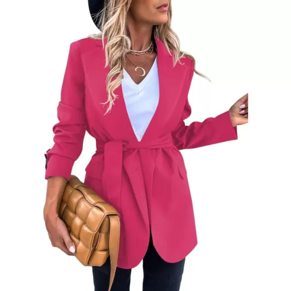 Happy Sailed Womens Fashion Belted Blazer Open Front Long Sleeve Office Blazer Bussiness Casual Jackets Work Suit with Pocket