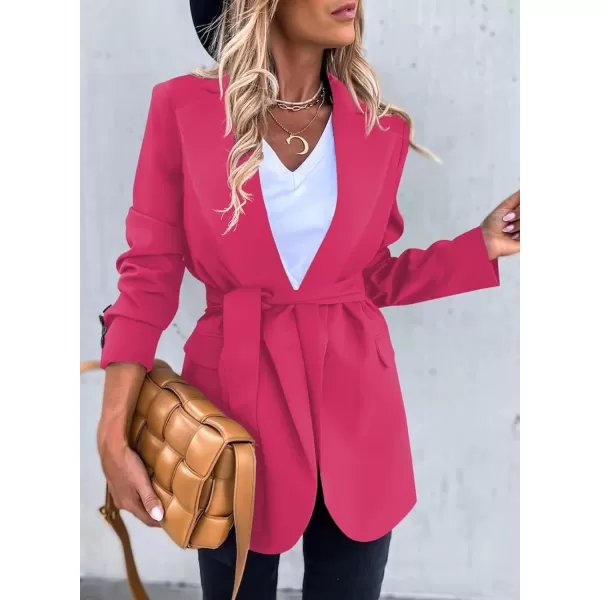 Happy Sailed Womens Fashion Belted Blazer Open Front Long Sleeve Office Blazer Bussiness Casual Jackets Work Suit with Pocket