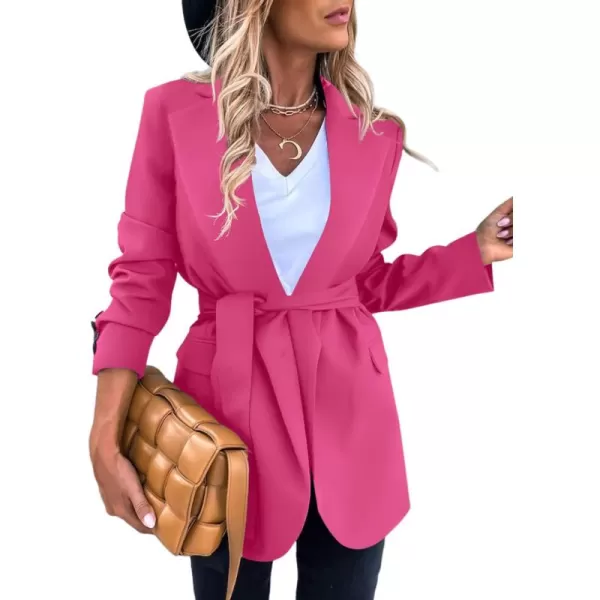 Happy Sailed Womens Fashion Belted Blazer Open Front Long Sleeve Office Blazer Bussiness Casual Jackets Work Suit with Pocket