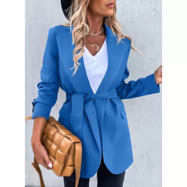 Happy Sailed Womens Fashion Belted Blazer Open Front Long Sleeve Office Blazer Bussiness Casual Jackets Work Suit with Pocket