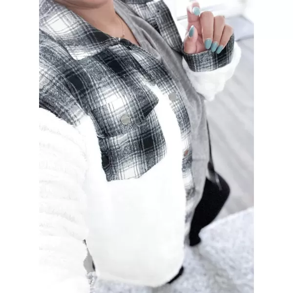 Happy Sailed Womens Flannel Plaid Contrast Fuzzy Fleece Jackets Long Sleeve Button Down Cozy Sherpa Jacket Outwear Coats