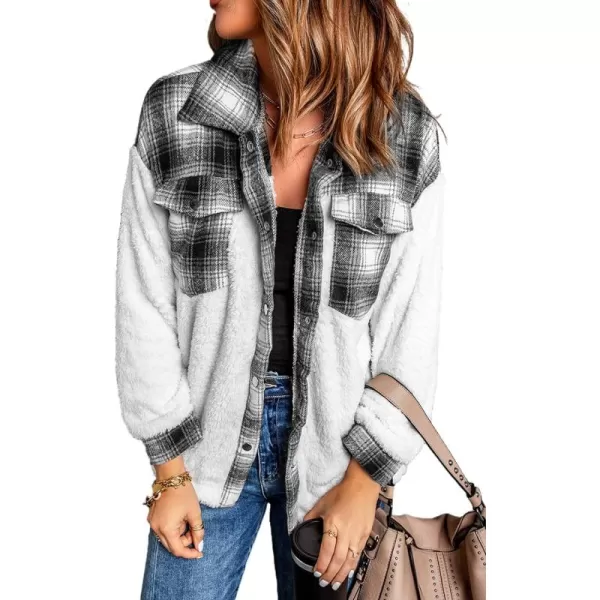 Happy Sailed Womens Flannel Plaid Contrast Fuzzy Fleece Jackets Long Sleeve Button Down Cozy Sherpa Jacket Outwear Coats