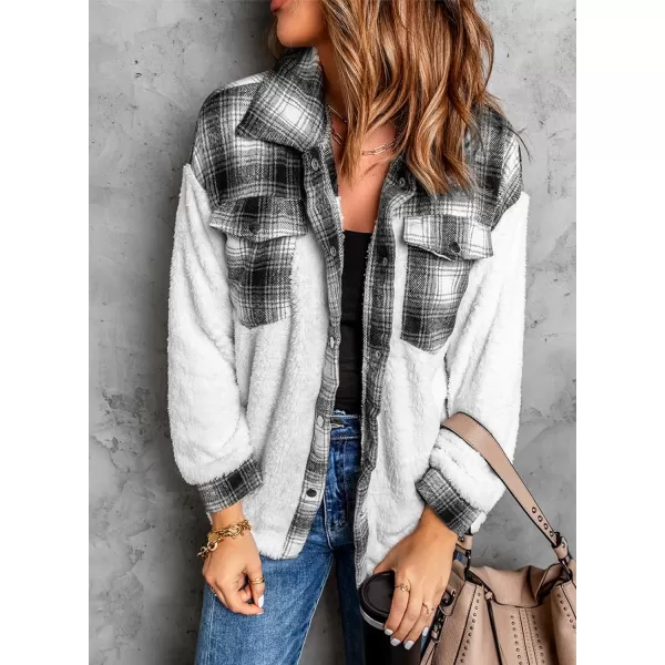 Happy Sailed Womens Flannel Plaid Contrast Fuzzy Fleece Jackets Long Sleeve Button Down Cozy Sherpa Jacket Outwear Coats