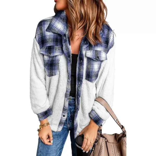Happy Sailed Womens Flannel Plaid Contrast Fuzzy Fleece Jackets Long Sleeve Button Down Cozy Sherpa Jacket Outwear Coats