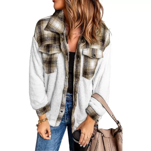 Happy Sailed Womens Flannel Plaid Contrast Fuzzy Fleece Jackets Long Sleeve Button Down Cozy Sherpa Jacket Outwear Coats