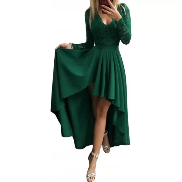 Happy Sailed Womens Floral Lace Long Sleeve V Neck Hi Low A-Line Cocktail Party Dress