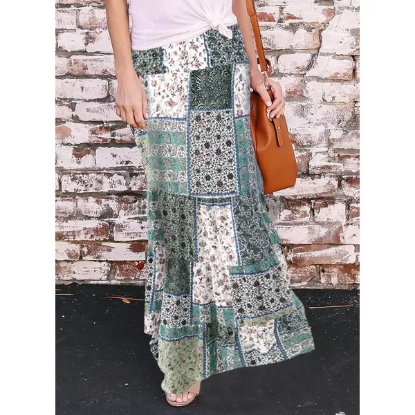 Happy Sailed Womens Floral Print Boho Maxi Skirt Elastic High Waist Pleated Ruffle Flowy Long Skirts S-XL