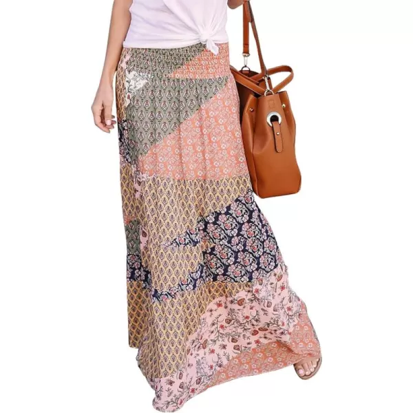 Happy Sailed Womens Floral Print Boho Maxi Skirt Elastic High Waist Pleated Ruffle Flowy Long Skirts S-XL