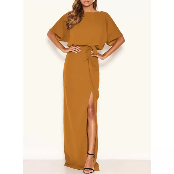 Happy Sailed Womens Formal Dress Batwing Sleeve Waist Belted High Slit Long Maxi Cocktail Party Dresses Evening Gown