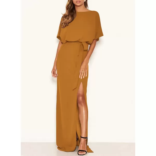 Happy Sailed Womens Formal Dress Batwing Sleeve Waist Belted High Slit Long Maxi Cocktail Party Dresses Evening Gown
