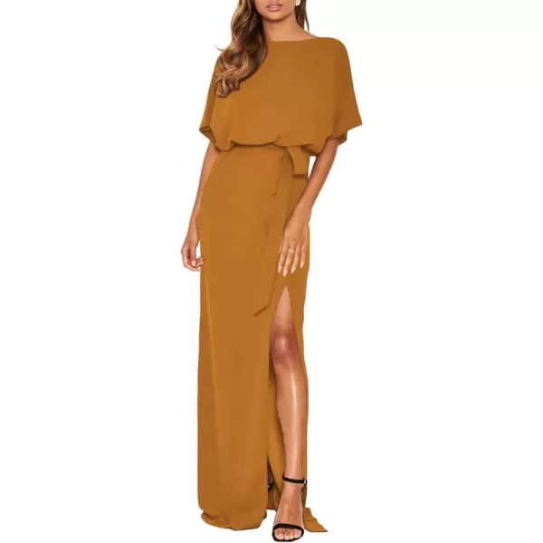 Happy Sailed Womens Formal Dress Batwing Sleeve Waist Belted High Slit Long Maxi Cocktail Party Dresses Evening Gown