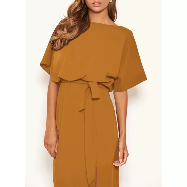 Happy Sailed Womens Formal Dress Batwing Sleeve Waist Belted High Slit Long Maxi Cocktail Party Dresses Evening Gown