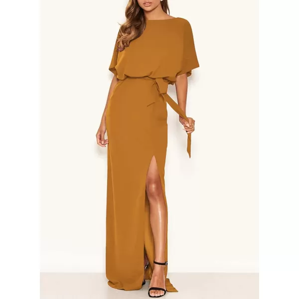 Happy Sailed Womens Formal Dress Batwing Sleeve Waist Belted High Slit Long Maxi Cocktail Party Dresses Evening Gown