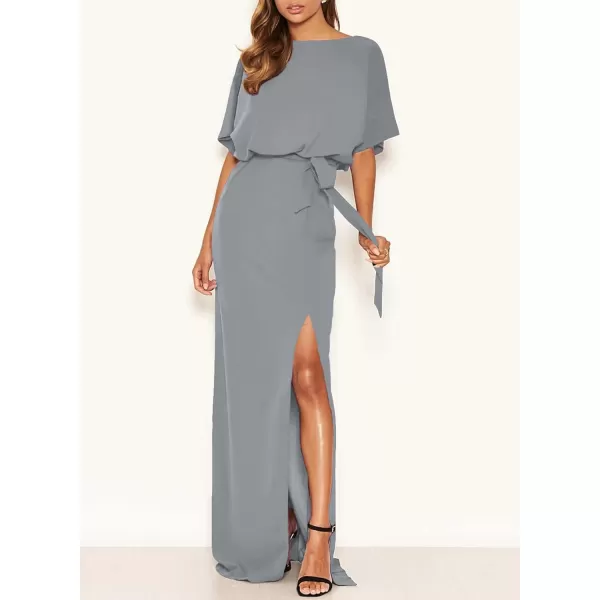 Happy Sailed Womens Formal Dress Batwing Sleeve Waist Belted High Slit Long Maxi Cocktail Party Dresses Evening Gown