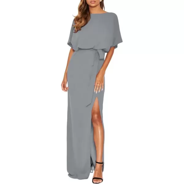 Happy Sailed Womens Formal Dress Batwing Sleeve Waist Belted High Slit Long Maxi Cocktail Party Dresses Evening Gown