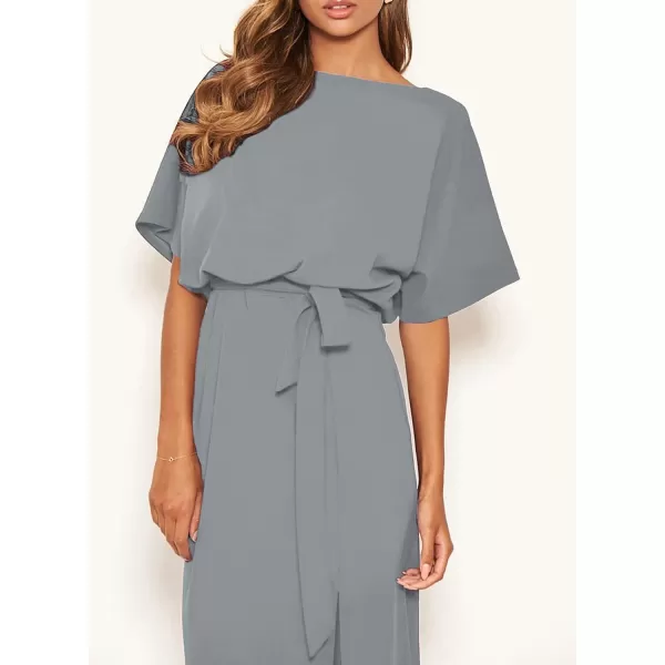 Happy Sailed Womens Formal Dress Batwing Sleeve Waist Belted High Slit Long Maxi Cocktail Party Dresses Evening Gown