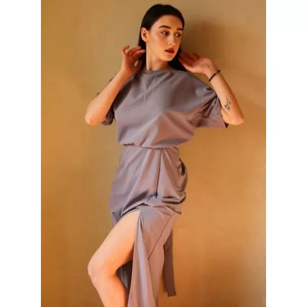 Happy Sailed Womens Formal Dress Batwing Sleeve Waist Belted High Slit Long Maxi Cocktail Party Dresses Evening Gown
