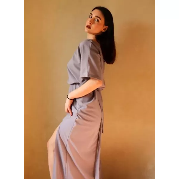 Happy Sailed Womens Formal Dress Batwing Sleeve Waist Belted High Slit Long Maxi Cocktail Party Dresses Evening Gown