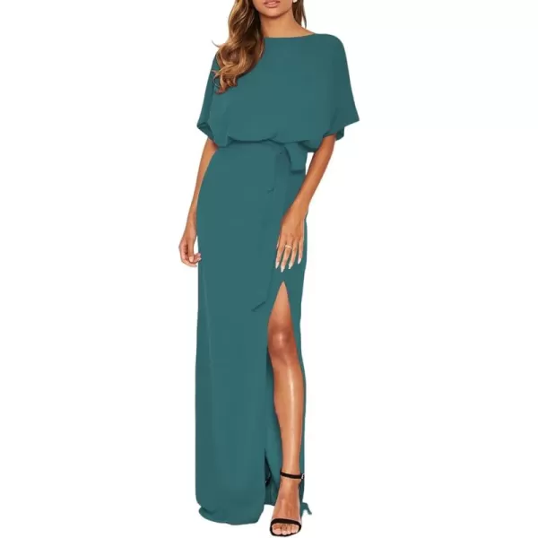 Happy Sailed Womens Formal Dress Batwing Sleeve Waist Belted High Slit Long Maxi Cocktail Party Dresses Evening Gown
