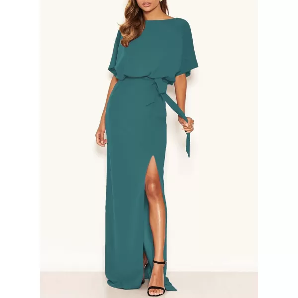 Happy Sailed Womens Formal Dress Batwing Sleeve Waist Belted High Slit Long Maxi Cocktail Party Dresses Evening Gown