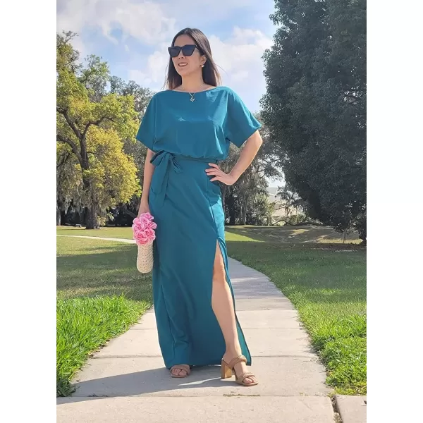 Happy Sailed Womens Formal Dress Batwing Sleeve Waist Belted High Slit Long Maxi Cocktail Party Dresses Evening Gown