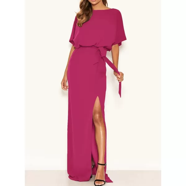Happy Sailed Womens Formal Dress Batwing Sleeve Waist Belted High Slit Long Maxi Cocktail Party Dresses Evening Gown
