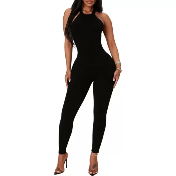Happy Sailed Womens Halter Bodycon Jumpsuits Summer Sleeveless Tummy Control Long Pants Unitard Bodysuit One Piece Rompers