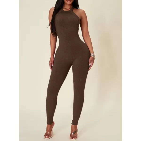 Happy Sailed Womens Halter Bodycon Jumpsuits Summer Sleeveless Tummy Control Long Pants Unitard Bodysuit One Piece Rompers