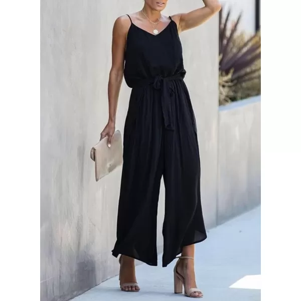 Happy Sailed Womens Jumpsuits Casual Spaghetti Strap Wide Leg Split Belted Jumpsuit Long Pants Romper Summer Outfits 2023