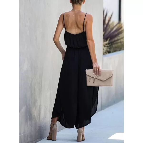 Happy Sailed Womens Jumpsuits Casual Spaghetti Strap Wide Leg Split Belted Jumpsuit Long Pants Romper Summer Outfits 2023