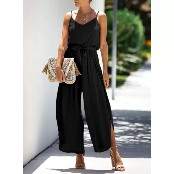 Happy Sailed Womens Jumpsuits Casual Spaghetti Strap Wide Leg Split Belted Jumpsuit Long Pants Romper Summer Outfits 2023