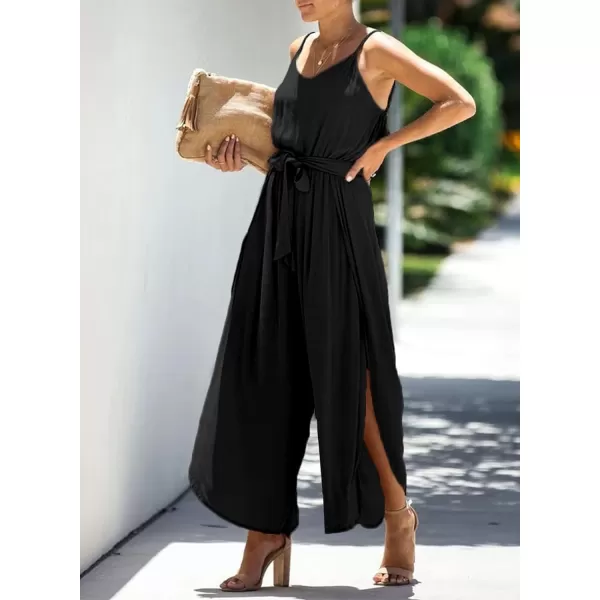 Happy Sailed Womens Jumpsuits Casual Spaghetti Strap Wide Leg Split Belted Jumpsuit Long Pants Romper Summer Outfits 2023