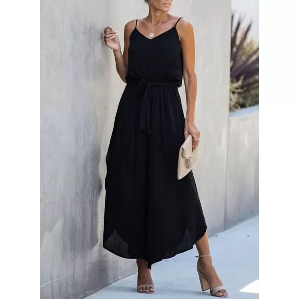 Happy Sailed Womens Jumpsuits Casual Spaghetti Strap Wide Leg Split Belted Jumpsuit Long Pants Romper Summer Outfits 2023