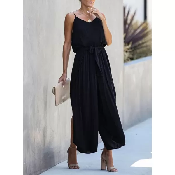 Happy Sailed Womens Jumpsuits Casual Spaghetti Strap Wide Leg Split Belted Jumpsuit Long Pants Romper Summer Outfits 2023
