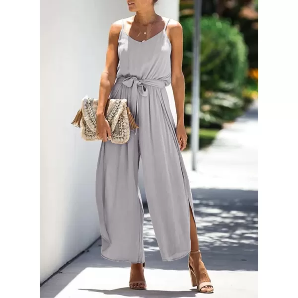 Happy Sailed Womens Jumpsuits Casual Spaghetti Strap Wide Leg Split Belted Jumpsuit Long Pants Romper Summer Outfits 2023