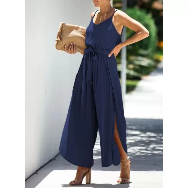 Happy Sailed Womens Jumpsuits Casual Spaghetti Strap Wide Leg Split Belted Jumpsuit Long Pants Romper Summer Outfits 2023
