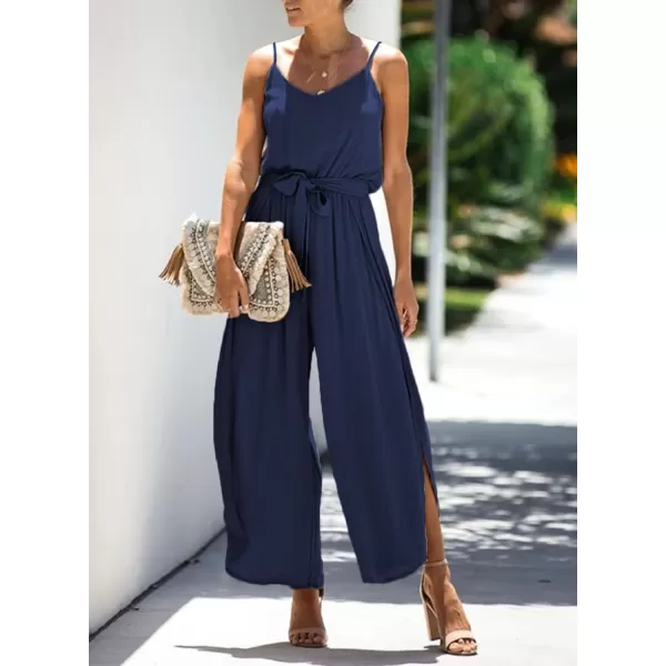 Happy Sailed Womens Jumpsuits Casual Spaghetti Strap Wide Leg Split Belted Jumpsuit Long Pants Romper Summer Outfits 2023